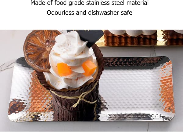 Hamrad rektangulär bricka, hamrad rektangulär byrå klädd botten dekor hem, rektangulär metallbricka med upphöjd kant (silver) silver