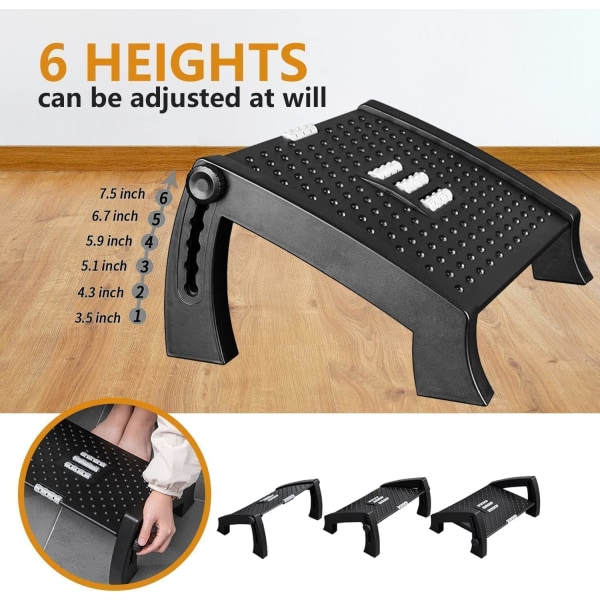 Fotstöd, höjdjusterbart fotstöd under arbetsbord, ergonomiskt fotstöd under kontorsbord, fotstöd under skrivbord med stor rullmassagefunktion