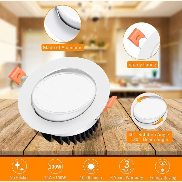 LED infälld spotlight 12W varmvit 3000K infälld belysning 40° justerbar LED infälld spotlight för kök, badrum, set om 3