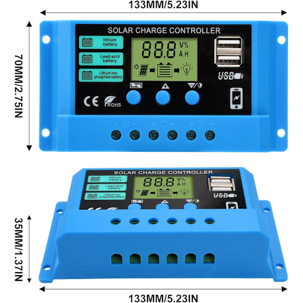 30A solcellsladdningsregulator, 12V/24V solpanelbatteriregulator med dubbel USB-port och LCD-display lämplig