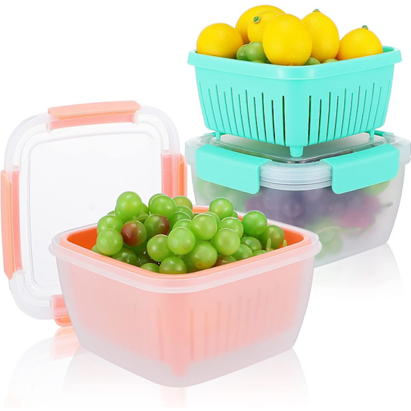 2 st 1,5L/50oz Bärkorg Bärskål Frukt Sil Behållare med lock Bär Behållare Låda（Grön+Rosa)