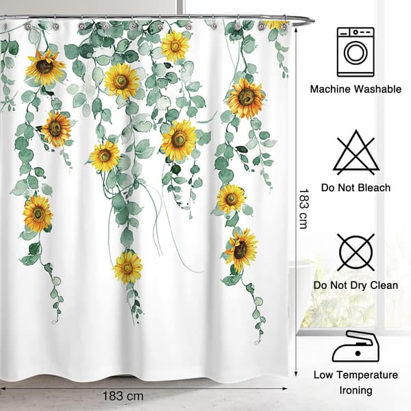 Solrosblommig vattentät och mögelresistent duschdraperi med viktad fåll, grönt tvättbart duschdraperi i polyester med krokar, 183x183
