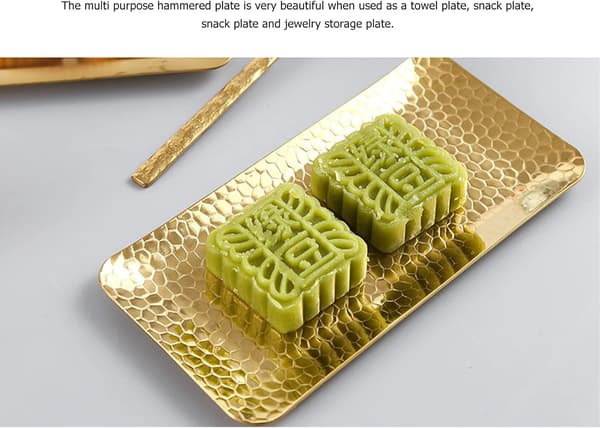 Hamrad rektangulär bricka, hamrad rektangulär byrå klädd botten dekor hem, rektangulär metall serveringsbricka med upphöjd kant (guld) gold