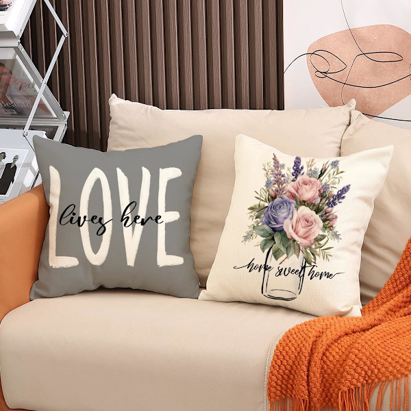 Örngott 18x18 Set om 4 Gårdshus Vår Prydnadskuddfodral Blommiga Dekorativa Kuddfodral för Soffa Heminredning (18 x 18 tum, Grå)