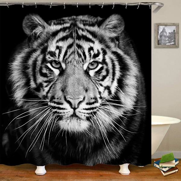 Tiger Duschdraperi, Forest Hunt Svart och Vit Djur, 72 x 72in Polyestertyg Badrumsdekor