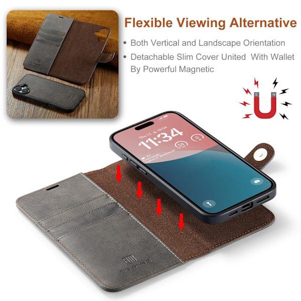 DG.MING 2-in-1 Magnet Wallet iPhone 16 Plus Brown