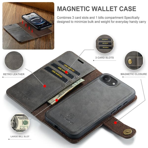 DG.MING 2-i-1 Magnetiskt Plånboksfodral iPhone 16e Brun