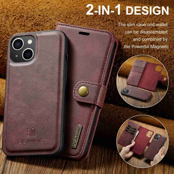 DG.MING 2-i-1 Magnetiskt Plånboksfodral iPhone 15 Röd