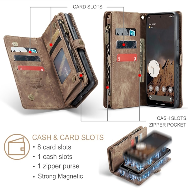 CaseMe Multi-Slot 2-in-1 Lompakko Kotelo Google Pixel 9 Pro XL Ruskea