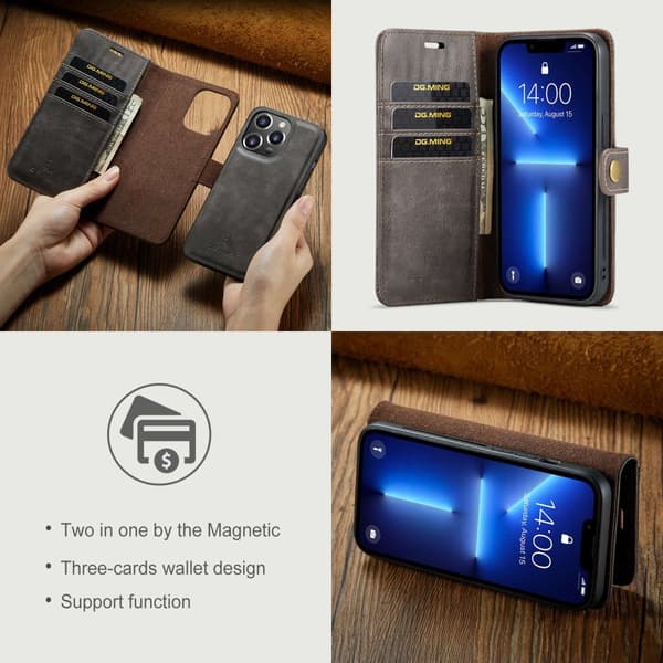 DG.MING 2-i-1 Magnetiskt Plånboksfodral iPhone 14 Pro Max Brun