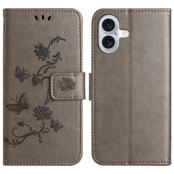 Läderfodral Fjärilar iPhone 16 Grå