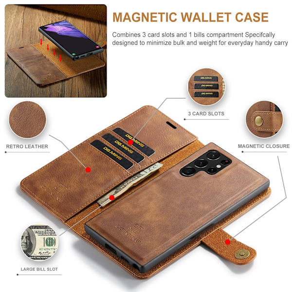 DG.MING 2-in-1 Magnet Wallet Samsung Galaxy S22 Ultra Cognac