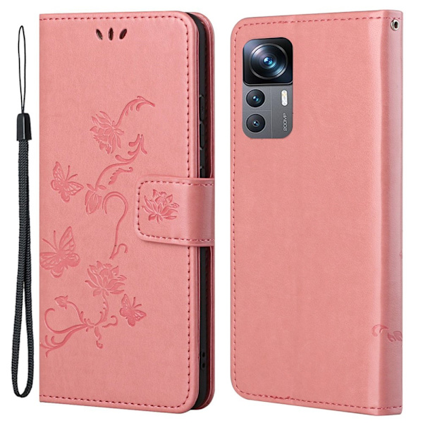 Perhoskuvioinen nahkakotelo Xiaomi 12T:lle, vaaleanpunainen