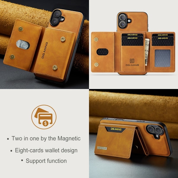 DG.MING 2 i 1 magnetisk kortplatsfodral iPhone 16 Cognac