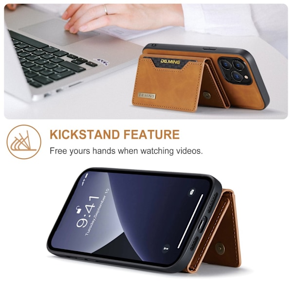 DG.MING 2 i 1 magnetisk kortplatsfodral iPhone 16 Pro Max Cognac