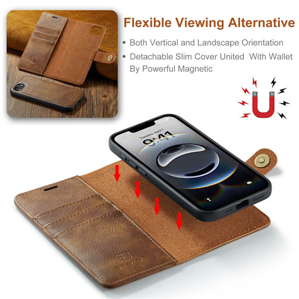 DG.MING 2-i-1 Magnet Wallet iPhone 16e Cognac