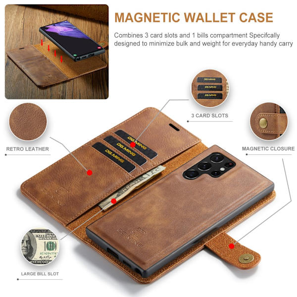 DG.MING 2-i-1 Magnet Pung Samsung Galaxy S24 Ultra Cognac
