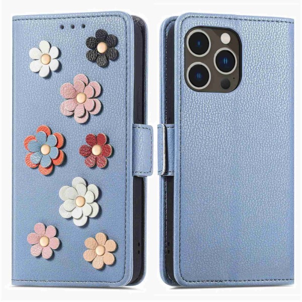 iPhone 14 Pro Max -lompakkokotelo, kukka sininen