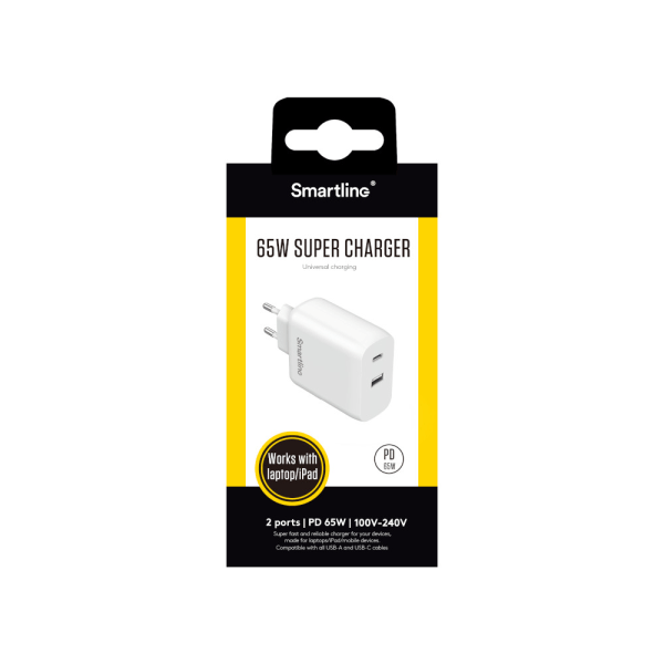 Smartline GaN 65W Pikalaturi Dual USB-C+A Valkoinen