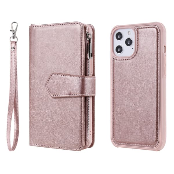 Magnetisk pung med lynlås i læder til iPhone 12 Pro Max Rose Guld