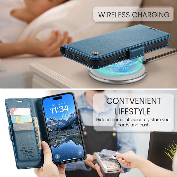 CaseMe Slim Plånboksfodral RFID-skydd iPhone 16 Blå