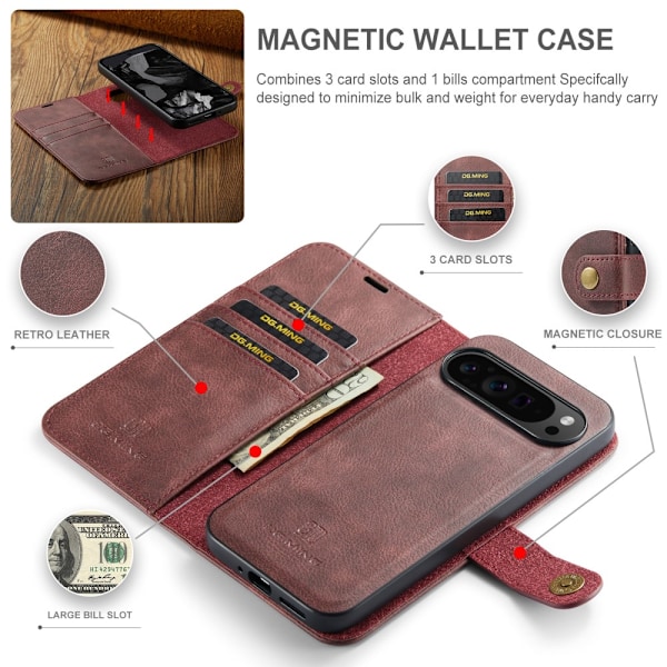 DG.MING 2-in-1 Magnet Wallet Google Pixel 9 Pro XL Red