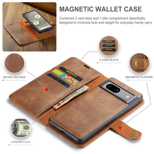 DG.MING 2-i-1 Magnetiskt Plånboksfodral Google Pixel 7a Cognac