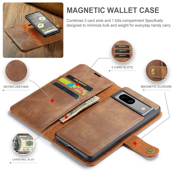 DG.MING 2-in-1 Magnet Plånbok Google Pixel 7a Cognac
