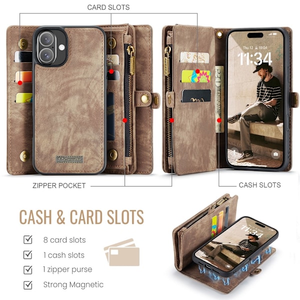 CaseMe Multi-Slot 2 i 1 Plånboksfodral iPhone 16 Plus Brun