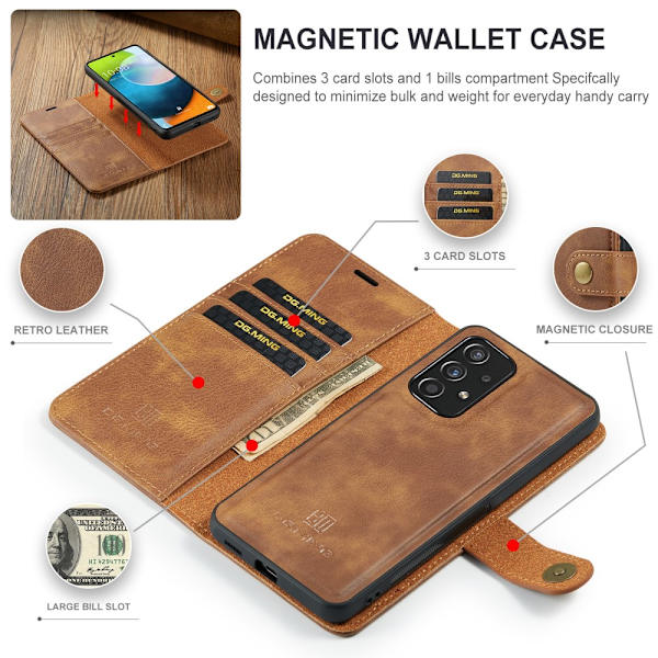 DG.MING 2-in-1 Magnet Wallet Samsung Galaxy A53 Cognac