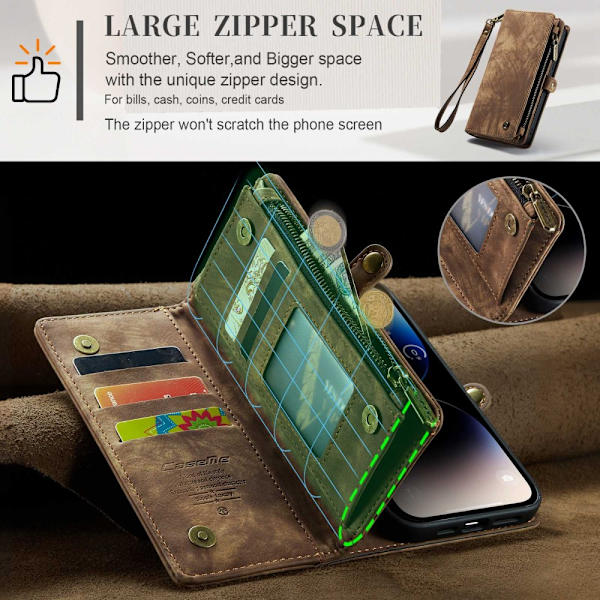 CaseMe Multi-Slot 2 i 1 Plånboksfodral iPhone 14 Pro Brun