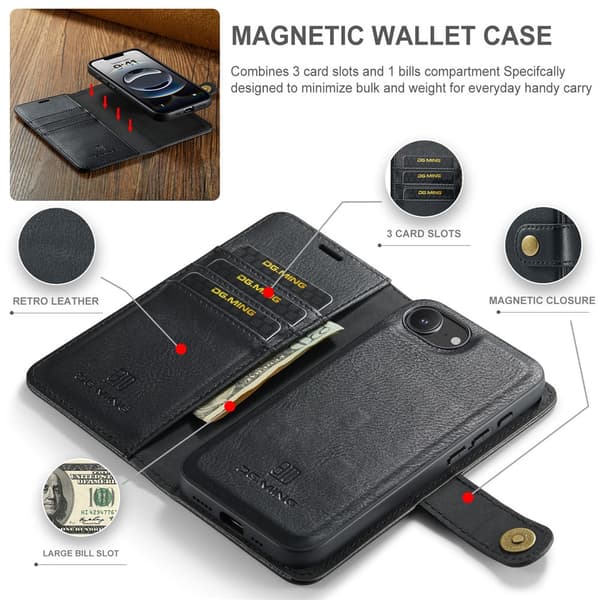 DG.MING 2-i-1 Magnetiskt Plånboksfodral iPhone 16e Svart