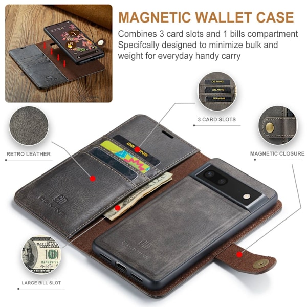 DG.MING 2-in-1 Magnet Plånbok Google Pixel 7 Ruskea