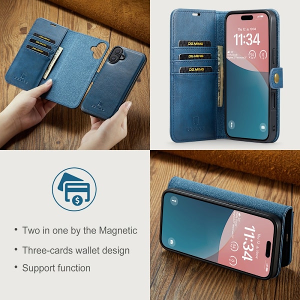 DG.MING 2-i-1 Magnet Pung iPhone 16 Plus Blå