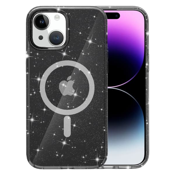 Kimalteleva MagSafe-kuori iPhone 15:lle, läpinäkyvä musta