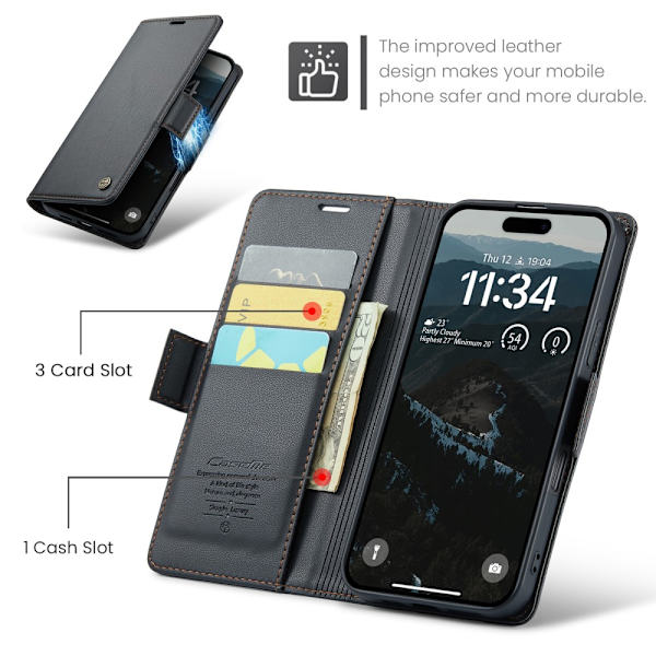 CaseMe Slim Plånboksfodral RFID-skydd iPhone 16 Svart