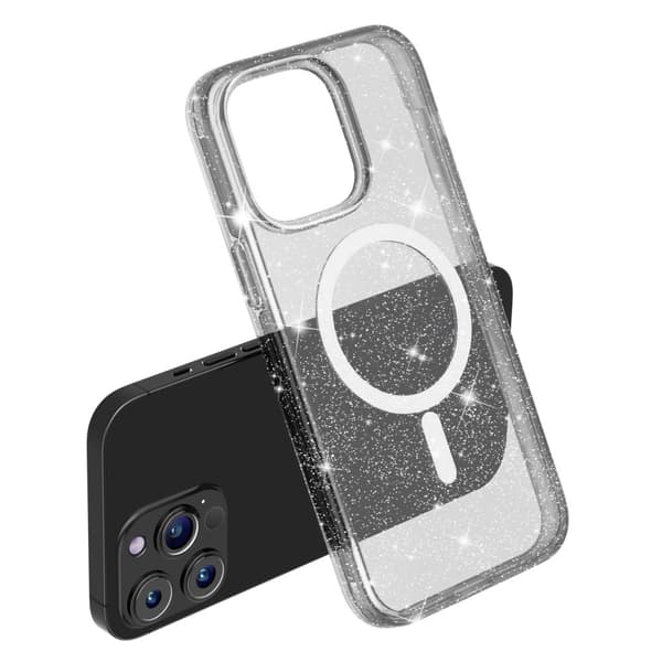 Kimalteleva MagSafe-kuori iPhone 14 Prolle, läpinäkyvä musta