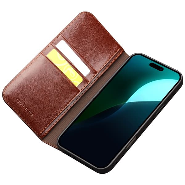 Qialino Leather Wallet Case iPhone 16 Brown