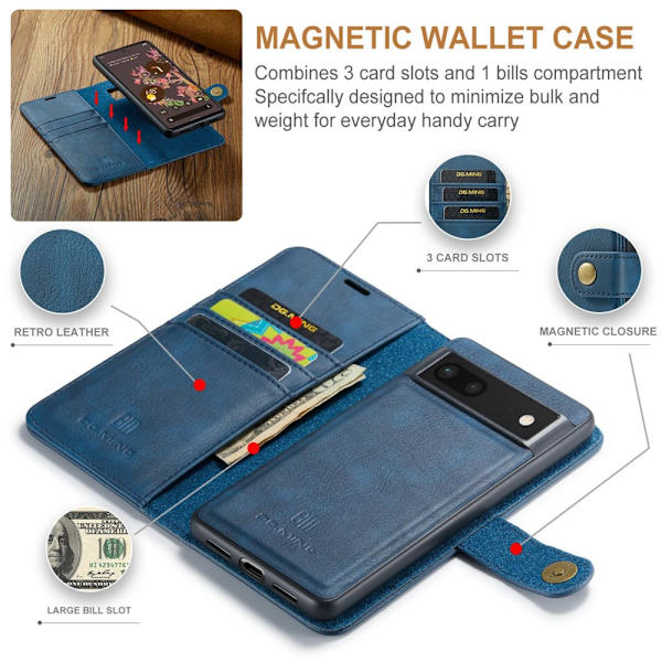 DG.MING 2-in-1 Magnet Wallet Google Pixel 7 Blue