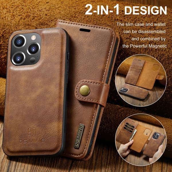 DG.MING 2-i-1 Magnetiskt Plånboksfodral iPhone 16 Pro Cognac