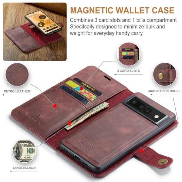 DG.MING 2-in-1 Magnet Wallet Google Pixel 7 Pro Red