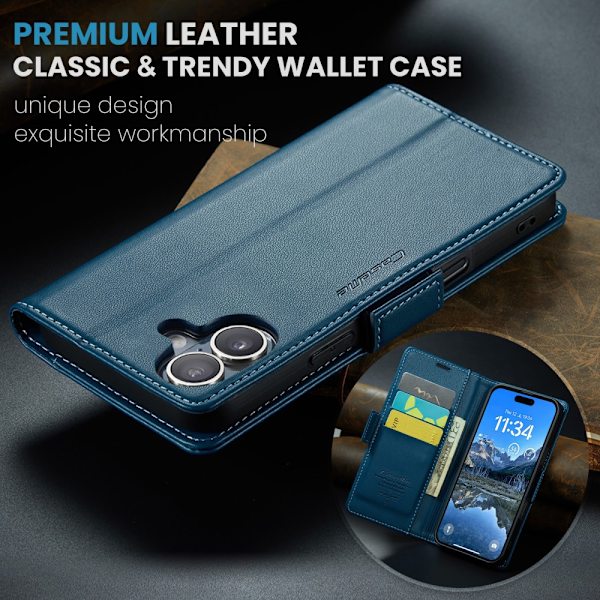 CaseMe Slim Plånboksfodral RFID-skydd iPhone 16 Blå