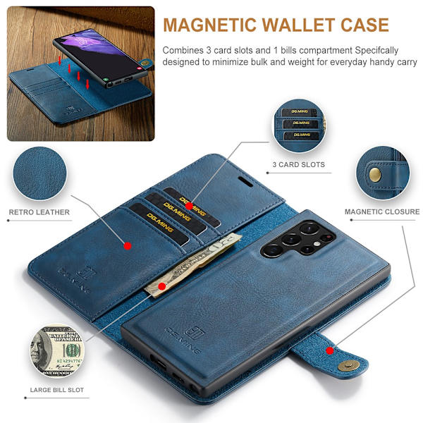 DG.MING 2-in-1 Magnet Wallet Samsung Galaxy S22 Ultra Blue