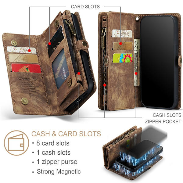 CaseMe Multi-Slot 2 i 1 Plånboksfodral iPhone 15 Pro Brun