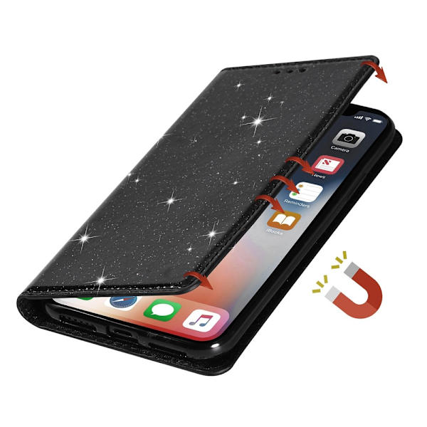 Kimalteleva lompakkokotelo iPhone 14 Prolle, musta