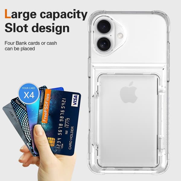 Skal med kortlomme og kickstand til iPhone 16 Plus Transparent