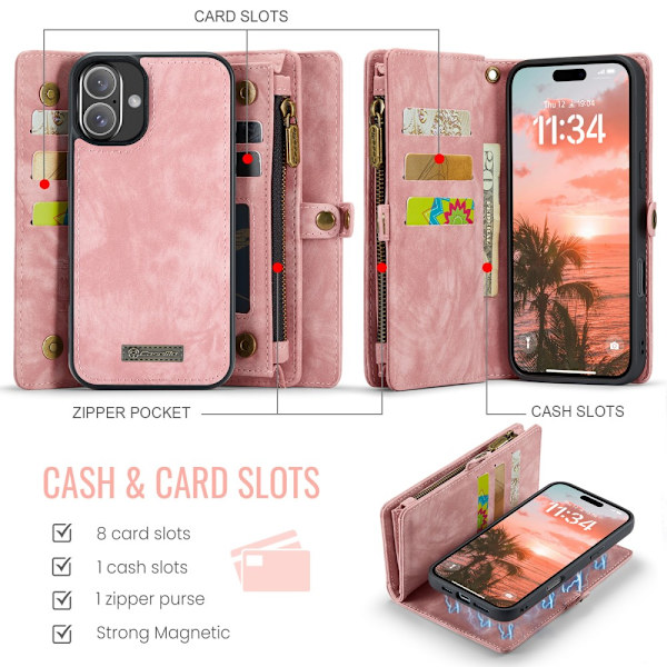 CaseMe Multi-Slot 2 i 1 Plånboksfodral iPhone 16 Rosa