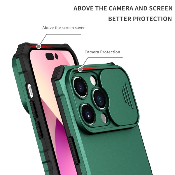 Kickstand-kuori iPhone 14 Prolle, kamerasuojalla, vihreä
