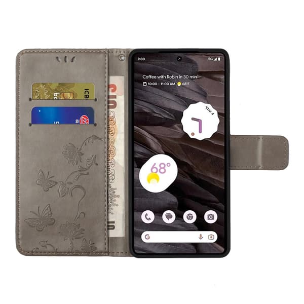 Perhoskuvioinen nahkakotelo Google Pixel 8a:lle, harmaa