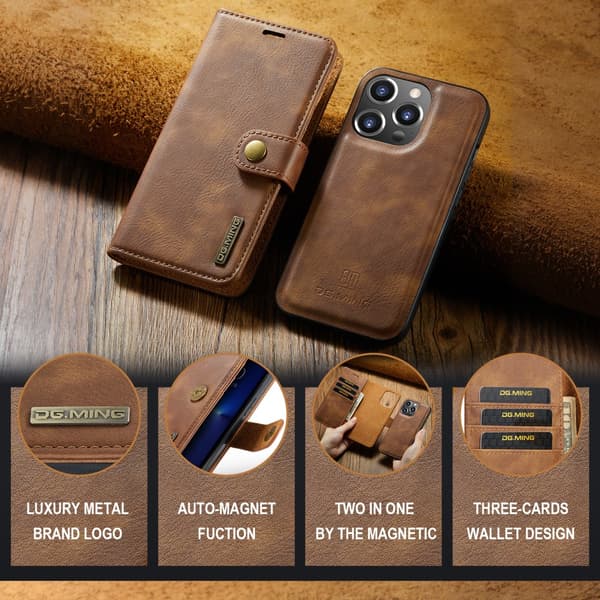 DG.MING 2-i-1 Magnetiskt Plånboksfodral iPhone 16 Pro Cognac